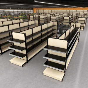 Convenient Double-sided Metallic Supermarket Rack High Load Capacity Space-saving Freestanding Shelving Solutions
