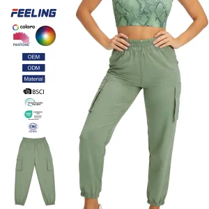 High Waisted Women's Gym Pants with Side Cargo Pockets Stretchy Elastic Waistband Breathable Quick Dry for Sports OEM ODM