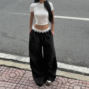 Women's Street-style Sweet Spicy Workwear Pocket Lace Bow Patchwork Woven Pants Dark Loose Slimming Casual Long Pants