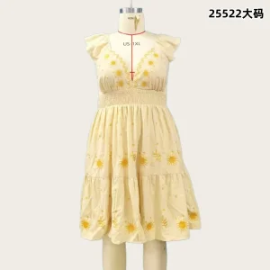 Vestido Mini de Algodão com Bordado de Sol em Tamanho Plus - Vestido Casual Boho com Cintura Smock