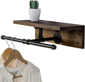Wall Mounted Garment Rack with Top Rustic Burnt Solid Wood Shelf Industrial Matte Black Metal Pipe Storage Clothing Hanger Rod and Display Shelf