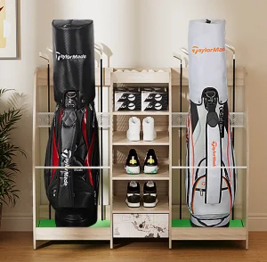 Wood Golf Bag Storage Organizer Premium Wooden Rack with Drawer for Garage Home Simulator and Office