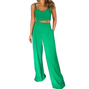 Personalização por atacado Conjuntos de duas peças femininos Blusas cropped de cor sólida Calças de perna larga Roupas femininas