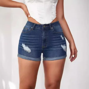 Holey High Waist Stretch Denim Shorts