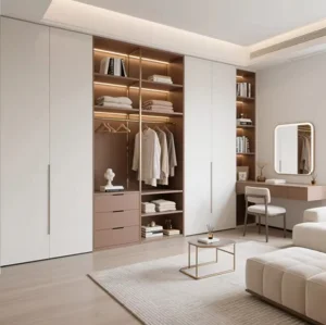 Modern Walk in Wardrobe with Large Glass Doors Concealed Handles for Bedroom Clothing Storage Organization System Clothes Closet Cabinets