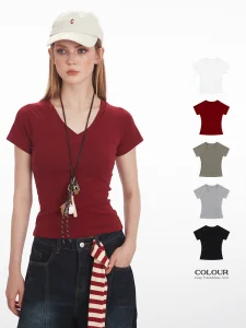 Hot Sale Women's Slim Fit Casual V-Neck Red T-Shirt Jersey Rib Anti-Wrinkle Quick Dry Custom Full Range Colors Stylish
