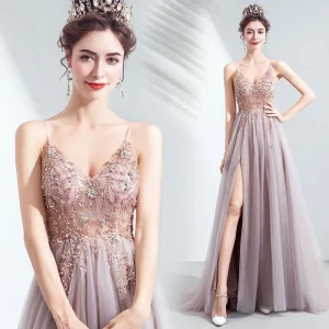 Vestido de Festa para Mulheres com Alças Finas em Lavanda Sexy, Decote em V para Casamento