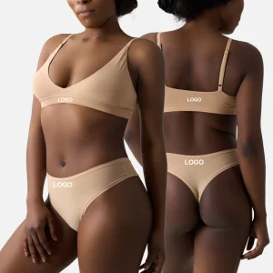 Conjunto de Lingerie Feminina com Sutiã Sem Fio de Alças Ajustáveis em V e Calcinha de Cintura Média, Fabricante Atacadista OEM