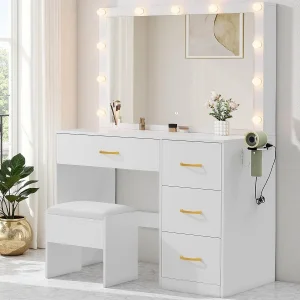 Elegant Vanity Table with Built-in LED Light and Storage Drawers for Women Makeup Organization