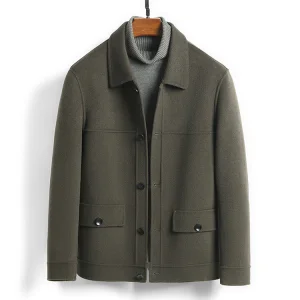 Men's Luxury 100% Wool Double-Faced Jacket, Hand-Finished Short Safari Coat, Premium Olive Green Utility Flap Pocket Outerwear