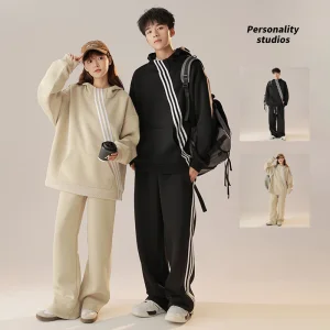 Autumn Couple Casual Loose Striped Hooded Sweater 2-Piece Set High Quality 420G Long Sleeve Polyester Cotton Blend