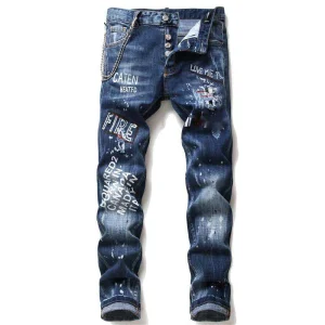 Jeans Casuais Masculinos Transfronteiriços Padrão Sólido Respirável Botão Elástico Estilo Usado de Inverno e Outono Fashion