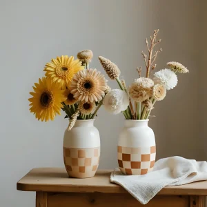 Cheap Neutral Earth Tone Checkered Matte Ceramic Two-Piece Vase Set VDLK5189 Manufacturer, Factory