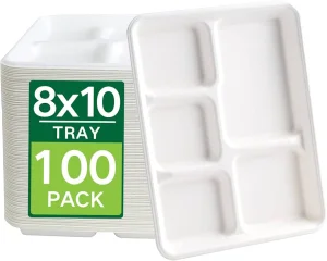 100% Natural Eco Friendly Disposable Biodegradable &amp; Compostable Sugarcane Bagasse Paper Pulp Takeout 5 Compartment Plate