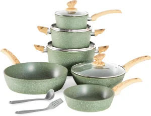 Green 12pcs Multifunctional Cooking Pan Set Forged Milk Pan Casserole Kitchenware Cookware Set With Bakelite Handle Cooking Set
