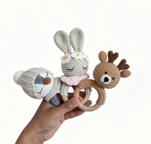 Handmade Crochet Koala Bear Baby Rattle With Wooden Teething Ring Lightweight Ergonomic Handle Chewable Soft Toy For Newborns