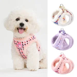 Conjunto de arnés y correa para perro y gato, suave y de felpa, con correa reflectante para mascotas, correa de pecho para perros pequeños, collar para chihuahuas y yorkies, arnés para perros