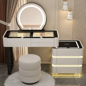 Hot Modern Lighted Adjustable Extendable Bedroom Vanity Makeup Dresser with 3 Colors LED Mirror Smart Dressing Table Glass Top