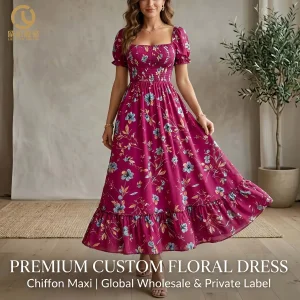 Wholesale Custom Loose Swing Summer Elegantes Chiffon Floral Print Women's Dress French Maxi Short Sleeve Ladies Casual Dresses
