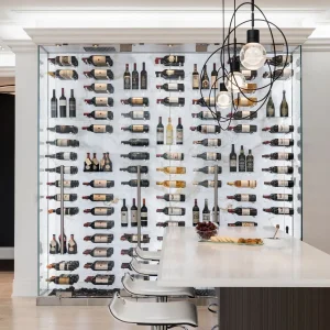 Elegance Custom Stainless Steel Modern Luxury Temperature Controlled Wine Collection Display Racks Glass Door Living Room