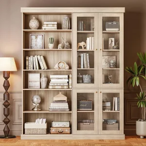 Farmhouse Large Storage Cabinet Display Bookcase with Glass Doors and Shelves
