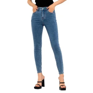 Jeans clássicos slim fit elásticos casuais azul escuro para mulheres na moda