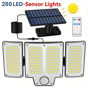 280 LED IP65 Outdoor Solar Lights Motion Sensor Remote Control 3 Modes 3-Head Solar Floodlight Garden Garage Porch Street