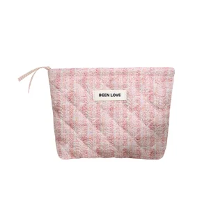Quilted Cotton Cosmetic Bag Handle Organic Cotton Makeup Pouch Multi-Function Vanity Case Featuring Thread Pattern PU