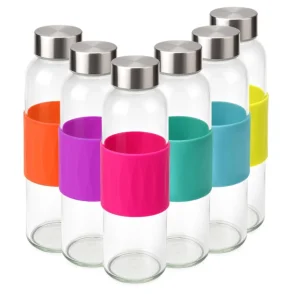 Glass Water Bottles with Lids 18 Oz, Reusable Clear Juice Bottles Stainless Steel Airtight Cap for Juicing, 100% Leak Proof Juice Drinking Jar with Sleeve