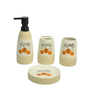 Buy Halloween Pumpkin-Printed Beige-Brown Ribbed Stoneware Bathroom Accessory Set Factory, Company