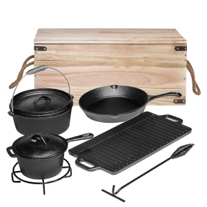 Camping Cookware Set Pre-Seasoned Cast Iron Pots and Pans Dutch Oven Set with Lids for Outdoor Comefire with Storage Box