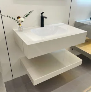 Stain-Resistant Particle Pearl White Double Layer Sintered Stone Vanity with White Ceramic Sink