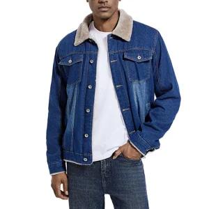 Classic Fashion Sherpa Lined Winter Button Front Blue Denim Jacket for Men