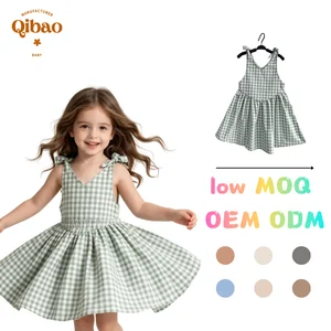 Cotton Blend Sleeveless Tie-Front Plaid Gingham Dress Toddler Girls Playtime Safe Soft Casual for Daily Life