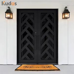 Exterior Metal Double Door Black Wrought Iron Storm Security Front Entry Doors
