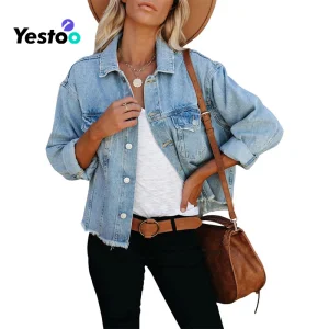 Women's Jean Jacket Frayed Washed Button up Cropped Denim Jacket with Pockets