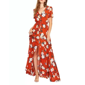 Vestido Maxi de Praia Elegante Urbano com Botões Florais Casuais para Mulher