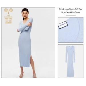 Vestido maxi de malha casual de manga longa com decote em V, sólido e de cor única, personalizado para mulheres, outono e inverno