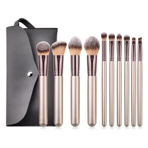 High Quality Vegan Synthetic Makeup Brushes Set 10pcs Professional Luxury Private Label Brushes with Concealer Includes Belt Bag