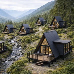30sqm Pequeña Casa Inteligente Prefabricada de Construcción Rápida Villa de Lujo Modular Casa en Marco Triangular para Proyectos de Vivienda Modular