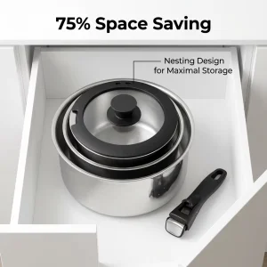 Custom Logo 18/10 Stainless Steel Cookware Set Detachable Handle Nesting Stackable Space Saving Pots Pans Induction Wholesale