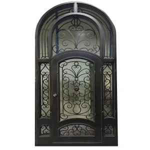 Arc Shaped Exterior Front Entry Double Security Steel Metal Wrought Iron Glass Gate Door