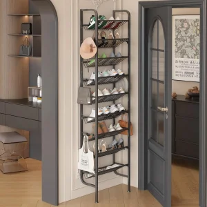 Baseboard-Friendly Narrow 9-Tier Shoe Organizer with Hooks for Over-The-Door Home Entryway