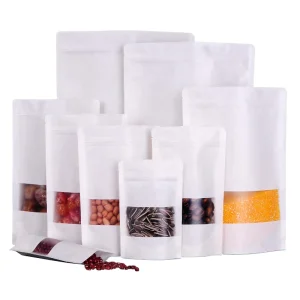 Biodegradable Food Packaging Plastic White Paper Zipper Stand up Bag With Window Food Storage Pouch