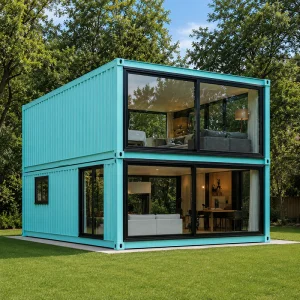 40ft Luxury Aqua Blue Custom Portable Two Story Shipping Container House Prefab Modular Home Hotel with Glass Wall