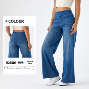 Custom Logo Women's Wide Leg Denim Pants High Waist Washed Look Loose Fit Stretch Jeans Casual Streetwear Trousers