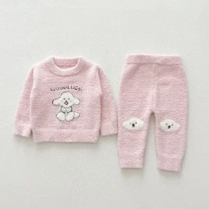 Baby Kids Children Autumn Winter Pajamas Knitwear Clothing Girl Toddlers Pink Cute Dog Print Velvet Warm Top Pants Home Two-Piece Sweater Set
