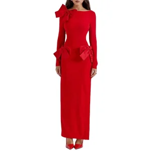 Vibrant Red Bow Maxi Dress Elegant Evening Wear