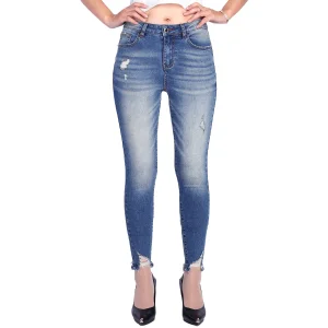 Calças skinny femininas de cintura alta rasgadas