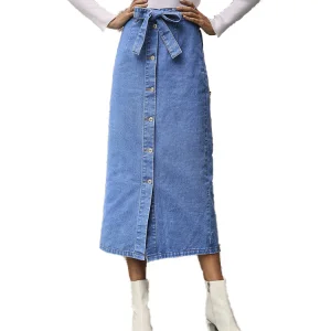 Womens Denim Skirts Self Belted Plus Size Long Button Denim Skirt High Waist Midi Maxi Skirt